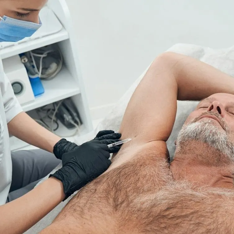 Man raising his arm before underarm treatment