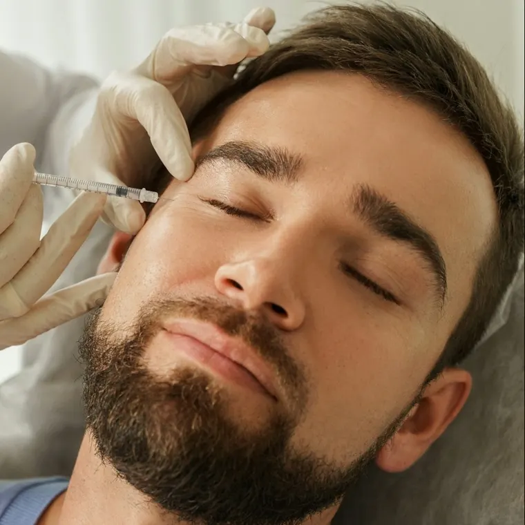 Man receiving a skin booster treatment beside the eye